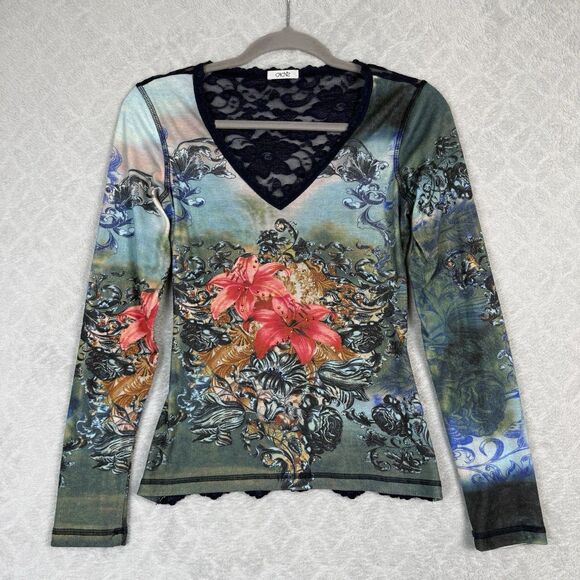 Vtg Cache Sheer Lace Back Top Women Small Floral Sequin Y2K 90s Fairygrunge Boho - Picture 1 of 11